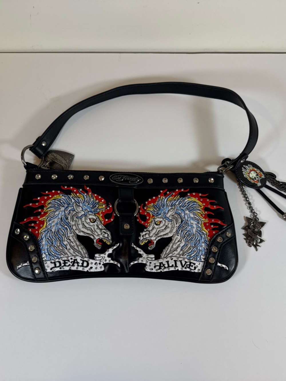 Ed Hardy Black Shoulder Bag with Blue & Red Horse Graphics